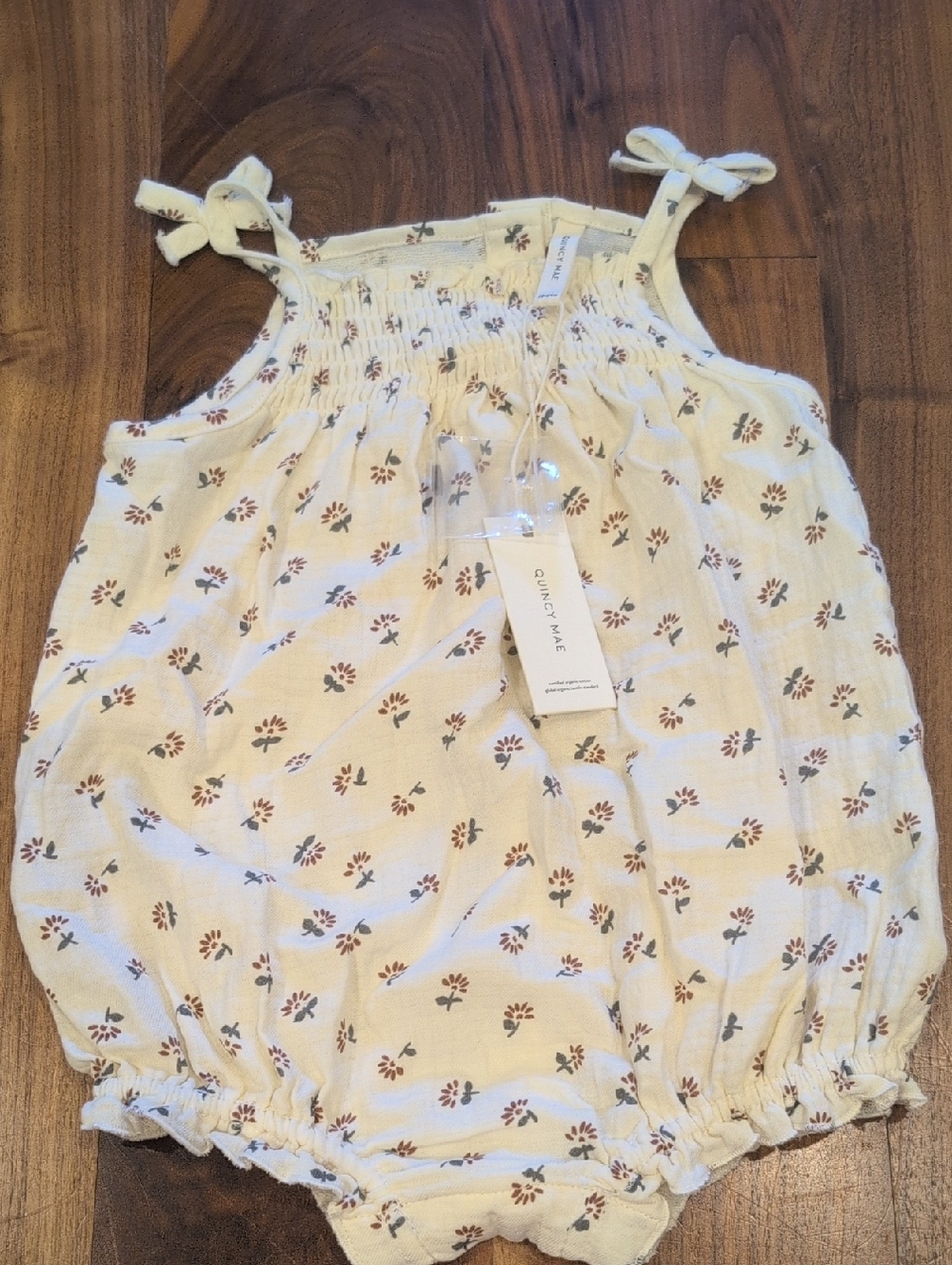 Quincy Mae Cream Floral Tie-Shoulder Baby Bubble Romper